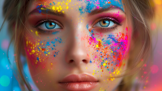 Beauty woman with bright color on face, generative ai