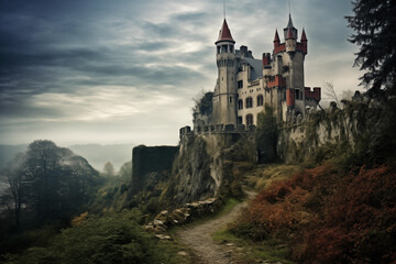 Castle looming on a hilltop. Generative AI - obrazy, fototapety, plakaty