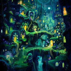 Obraz premium A whimsical underground city illuminated by bioluminescent plants and inhabited by friendly monsters generative ai