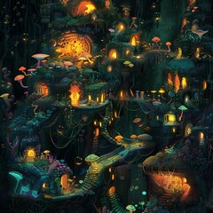 A whimsical underground city illuminated by bioluminescent plants and inhabited by friendly monsters generative ai