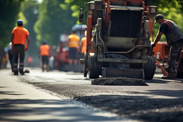 Fototapeta premium Asphalt paver laying down fresh asphalt on a road, with workers smoothing the surface behind it. Generative AI