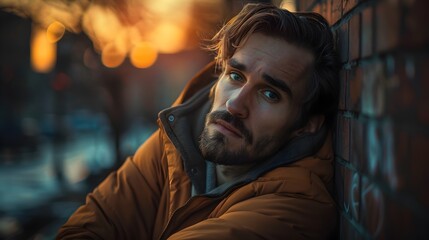 Sad Young Man Leaning Against a Brick Wall at Sunset - obrazy, fototapety, plakaty