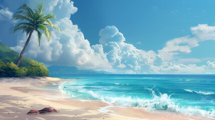 Fototapeta na wymiar a nice beach with white sand cloud palm tree, generative ai