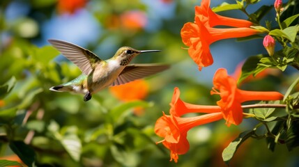 A hummingbird hovering near a trumpet vine