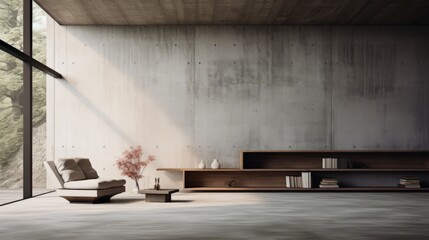A minimalist interior space in a harmonious brutalist environment