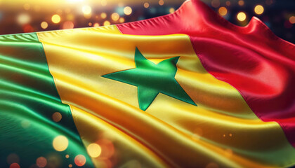 Senegal flag illuminated with bokeh lights, symbolizing celebration and national pride.