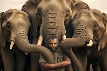 Man nestled within a group of elephants, demonstrating their deep trust and affection. Generative AI