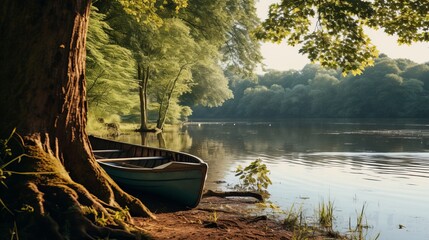 A peaceful riverbank with a rowboat at rest