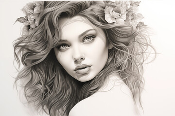 Cute woman pencil drawing portrait. Realistic drawing by black pencil. Generative AI