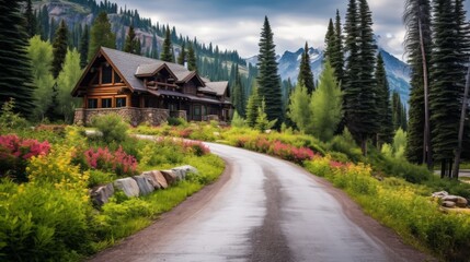 A road leading to a cozy cabin in the mountains - obrazy, fototapety, plakaty