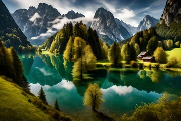 Serenity's Symphony: Rainforest Oasis by Lake and Mountain, A Harmonious Tapestry of Nature's Splendor in a Breathtaking Landscape generated by AI - obrazy, fototapety, plakaty