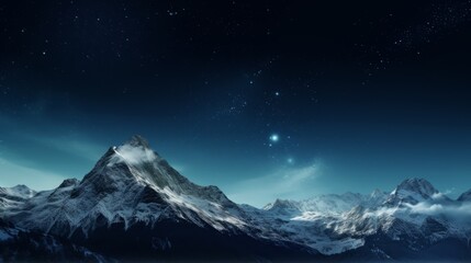 A snowy mountain peak with a starry night sky
