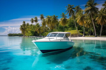 Luxury motorboat anchored by secluded island with crystal-clear water. Generative AI