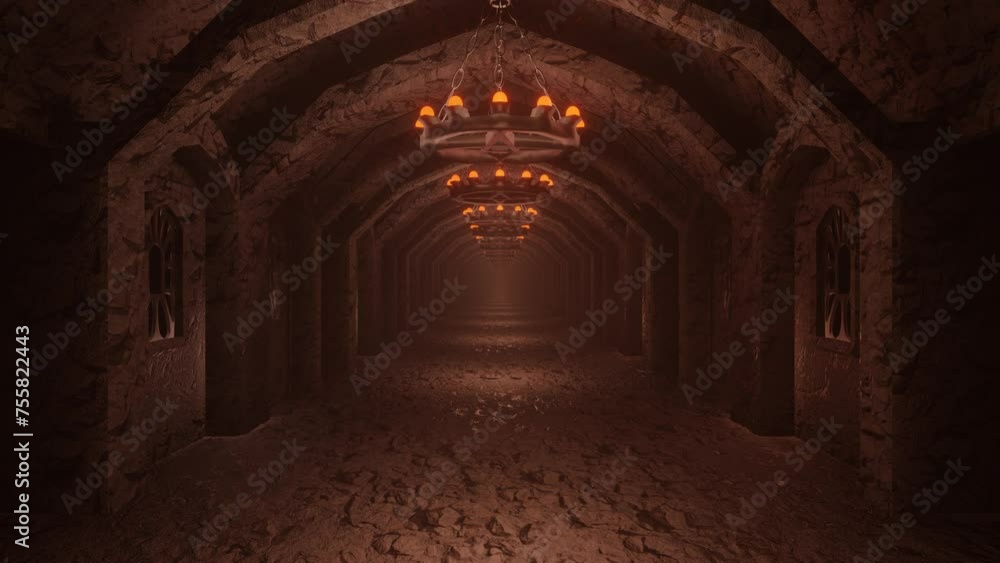Poster moving forward along the endless dark corridor of a stone medieval castle. looping abstract animatio