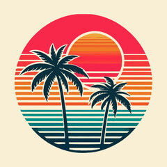 Set of retro sunsets in 80s and 90s style. Abstract sun at beach background with sunny vector and t-shirt design