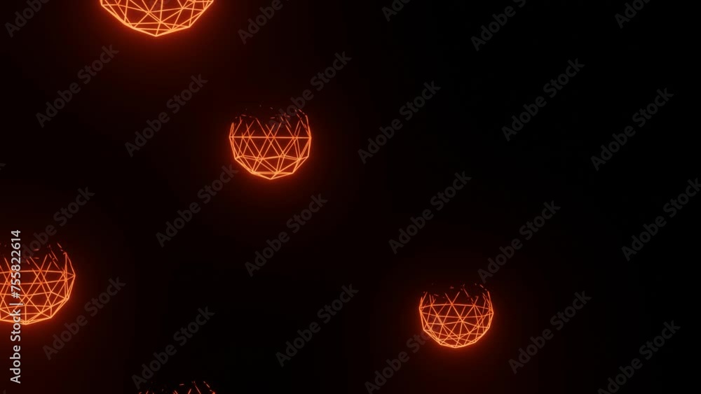Poster flashing orange hemispheres from a wireframe on a black background. 3d render looped animation