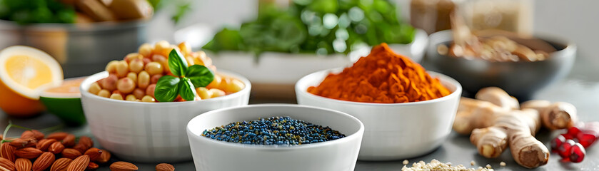 A variety of spices and nuts are displayed in white bowls on a counter - obrazy, fototapety, plakaty