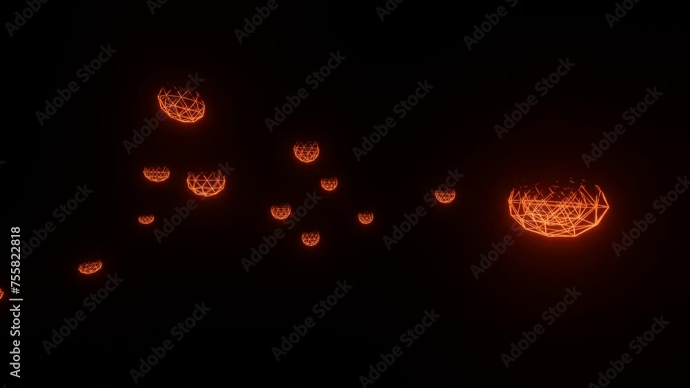 Poster flashing orange hemispheres from a wireframe on a black background. 3d render looped animation