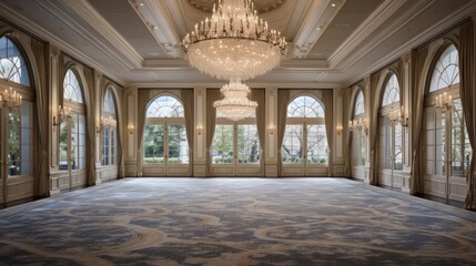 An elegant ballroom with crystal chandeliers for formal occasions