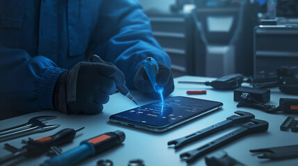 Close up of a technician repairing a smartphone with a screwdriver. - obrazy, fototapety, plakaty