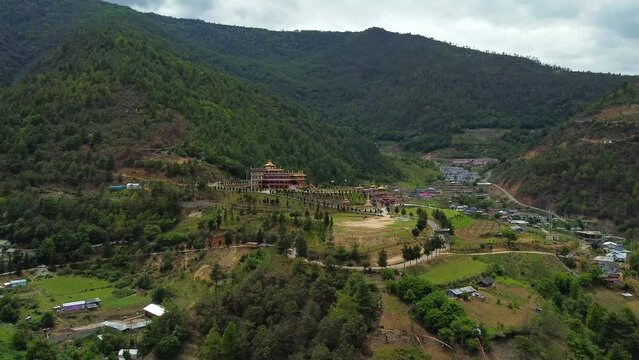 Beautiful tdl buddhist monastery architecture design at morning at dirang monastery arunachal pradesh india.