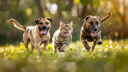 cute dogs and one cat running on the grass all happy to be playing together Generative AI - obrazy, fototapety, plakaty