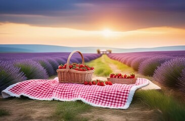 picnic in lavender field - strawberry and a basket with lavender
