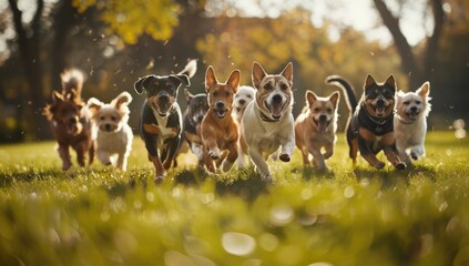 A group of happy dogs and cats running in the park all looking at the camera smiling for a cute pet photography shot on a sunny day with a green grass background Generative AI - obrazy, fototapety, plakaty