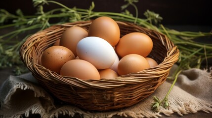 Many fresh organic eggs in a large basket. Neural network AI generated art