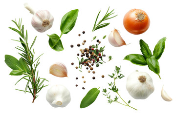 Top view of Herbs and spices isolated on background, ingredients for cooking food, healthy vegetables food, high fibers and vitamins. - obrazy, fototapety, plakaty