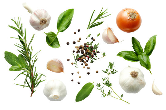 Top view of Herbs and spices isolated on background, ingredients for cooking food, healthy vegetables food, high fibers and vitamins.