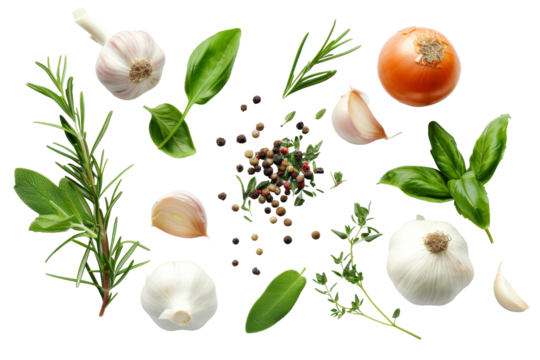 Top view of Herbs and spices isolated on background, ingredients for cooking food, healthy vegetables food, high fibers and vitamins.