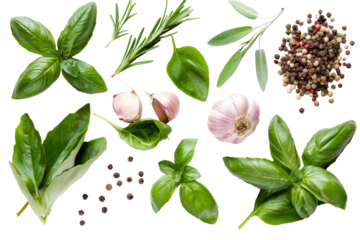 Top view of Herbs and spices isolated on background, ingredients for cooking food, healthy vegetables food, high fibers and vitamins.