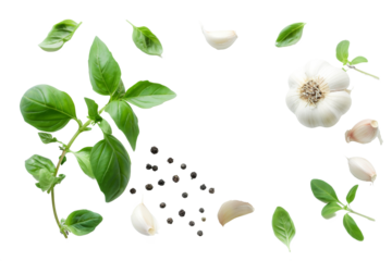 Top view of Herbs and spices isolated on background, ingredients for cooking food, healthy vegetables food, high fibers and vitamins.