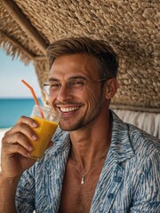 Fototapeta premium man drinking juice on the beach