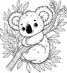Koala sur une branche d'arbre avec feuilles, personnage animal a colorier, dessin id&eacute;al pour livre et activit&eacute; de coloriage enfant pendant les vacances. Dessin au trait.