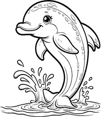 Dauphin et eau, personnage animal a colorier, dessin idéal pour livre et activité de coloriage enfant pendant les vacances. Dessin au trait.
