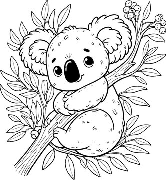 Koala sur une branche d'arbre avec feuilles, personnage animal a colorier, dessin id&eacute;al pour livre et activit&eacute; de coloriage enfant pendant les vacances. Dessin au trait.