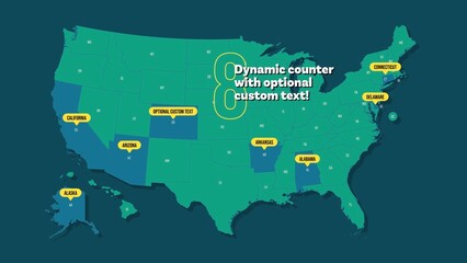 Interactive Animated US Map Template for After Effects with Dynamic State Counter and Custom Text and Color for Labels for All 50 States plus Washington DC Uses Essential Graphics Quick for Easy Edits