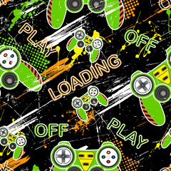 grunge pattern with green joystick, text and geometric elements