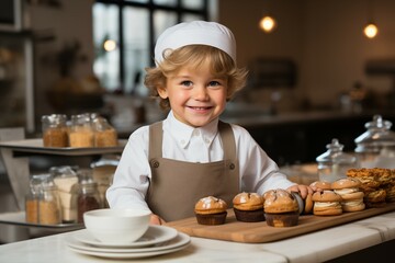 child in chef uniform on blurred kitchen background