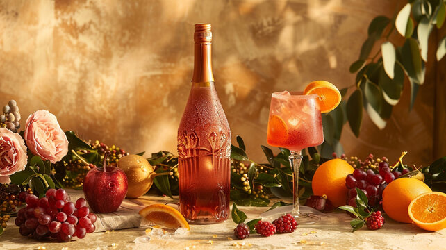 Picture a wine bottle in a rich cranberry color beside a frosted tangerine glass, perfect for a lively gathering.