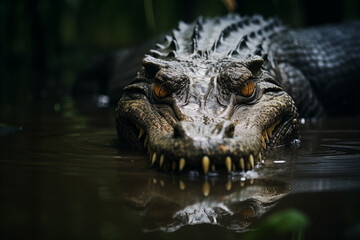 Fototapeta premium Crocodile hunting stealthily in the murky depths of a swamp. Generative AI