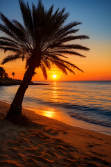 Fototapeta na wymiar Breathtaking Sunset over a Serene Beach in Cyprus: A Mystic Hug of Golden Sun and Azure Sea