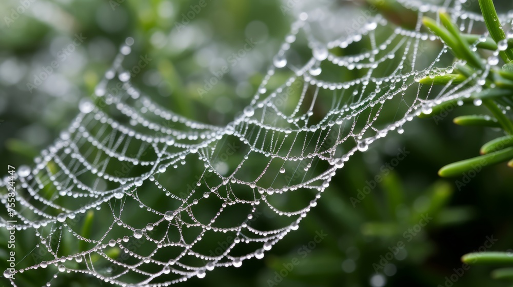 Poster mesmerizing hyper zoom of a dew covered spiderweb