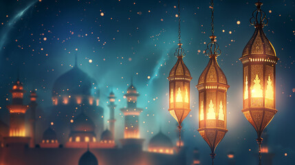 Fototapeta na wymiar Islamic lamp background on Ramadan night.
