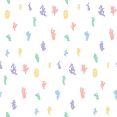 Hand drawn seamless pattern with simple doodle icons and elements. Colored childish print with freehand illustrations. Wallpaper for banner design