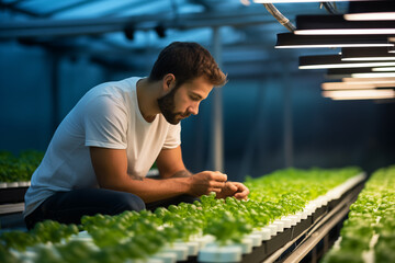 Farmer carefully inspecting rows of young seedlings in a greenhouse. Generative AI