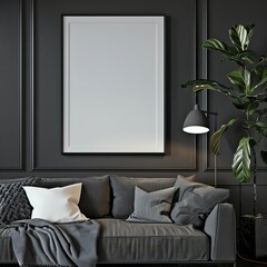 empty horizontal picture frame, hanging in a dark decorated modern living space ai generative