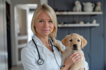 Young blonde female veterinarian in white uniform and with stethoscope holding retriever puppy in a modern vet hospital. Vet check up.